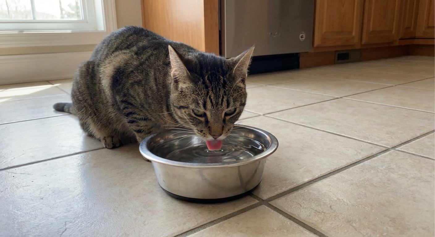 A real photograph of a cat drinking from a stainless steel water bowl on a kitchen floor