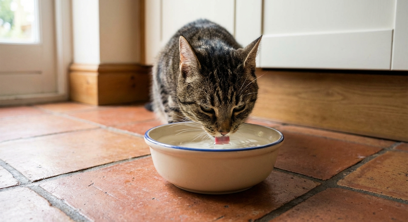 A real photograph of a cat drinking water from a ceramic bowl on a kitchen floor