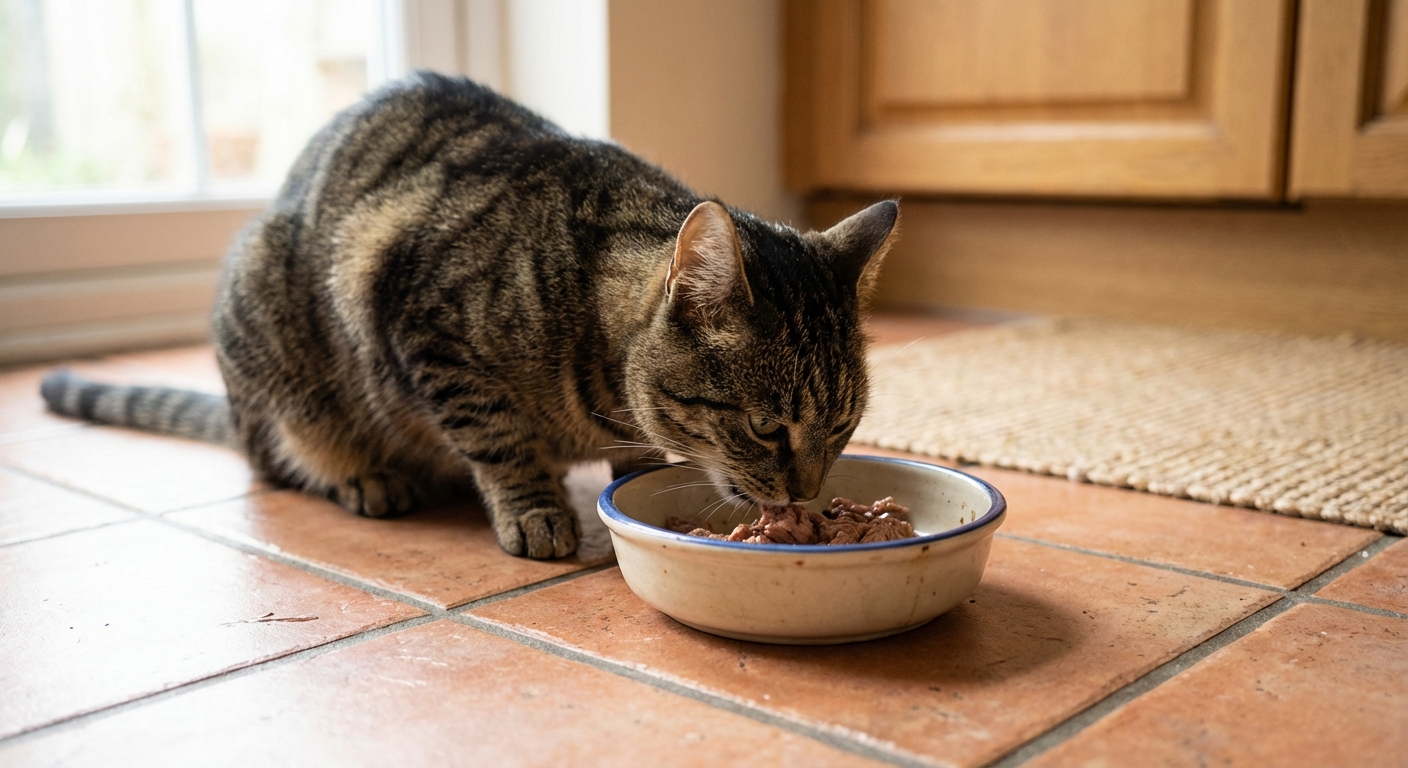 A real photograph of a cat eating a small portion of wet food from a ceramic bowl on a kitchen floor with soft natural light