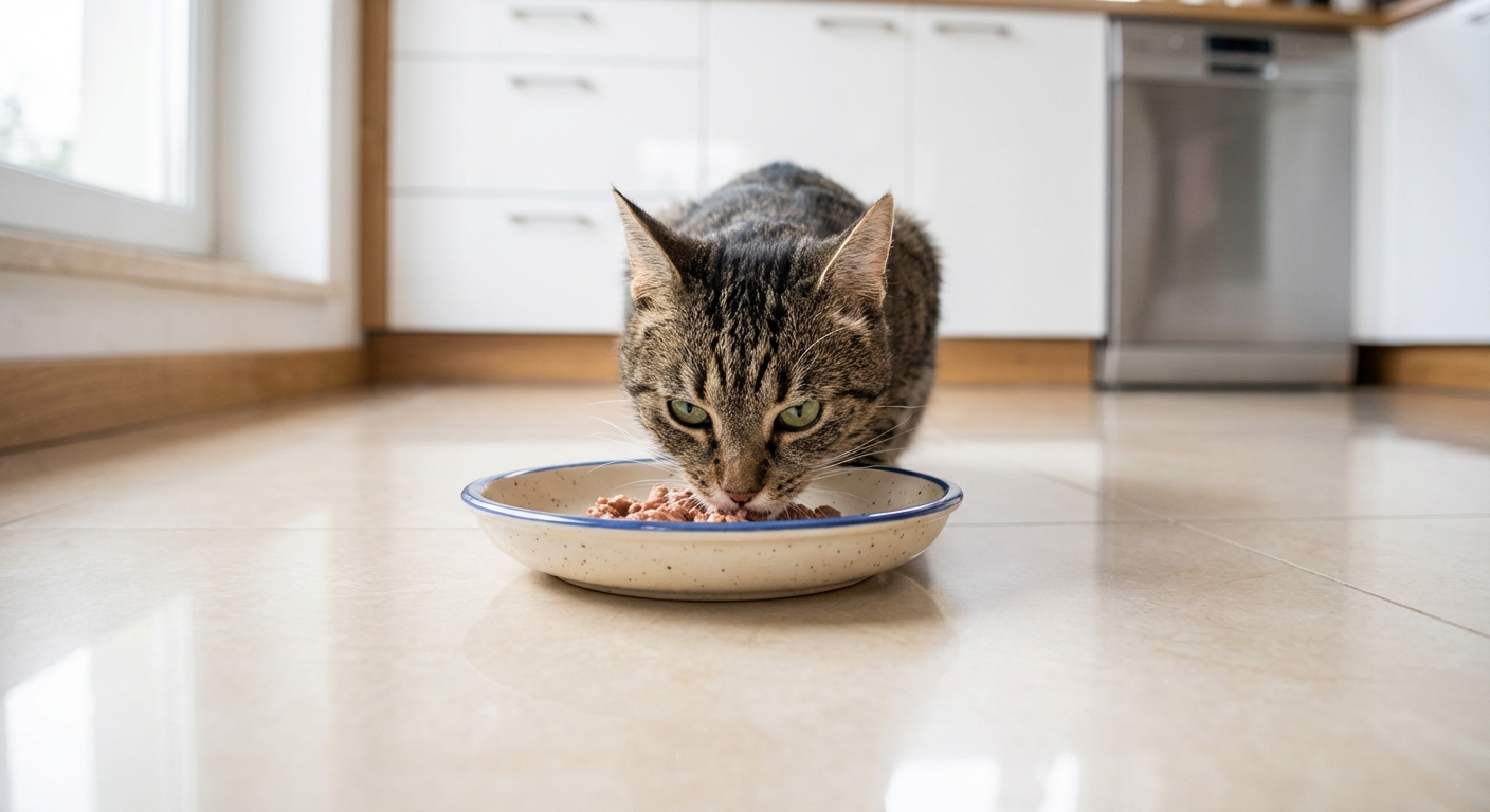 A real photograph of a cat eating from a wide, shallow ceramic dish on a clean kitchen floor