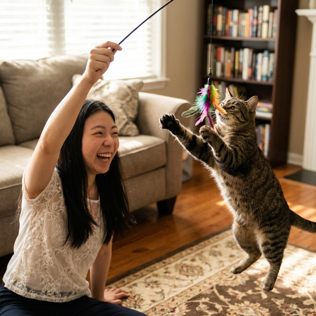 A real photograph of a cat jumping to catch a feather wand toy held by a person in a living room