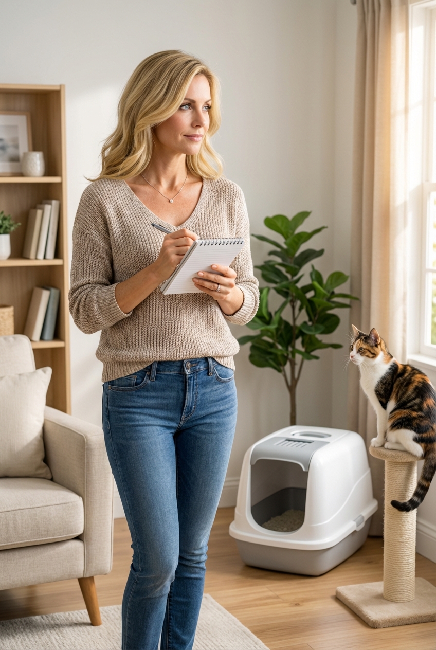 A real photograph of a cat owner holding a small notebook and looking toward a litter box in a tidy living room