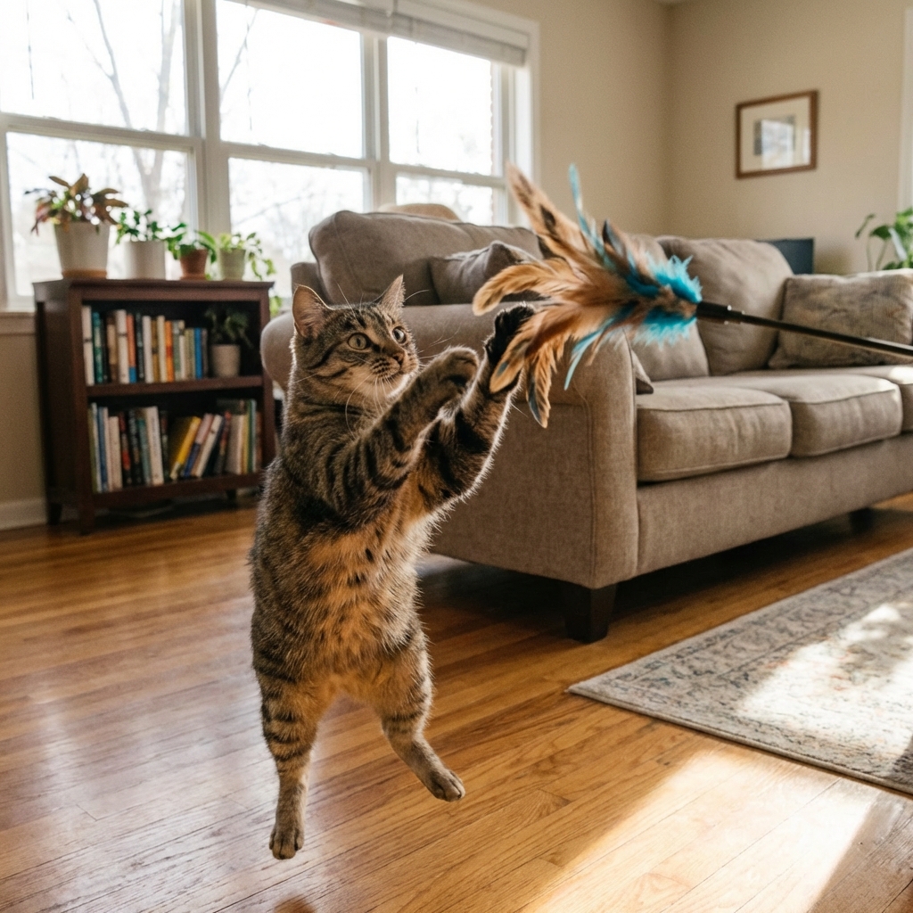 A real photograph of a cat playing with a feather wand toy in a living room