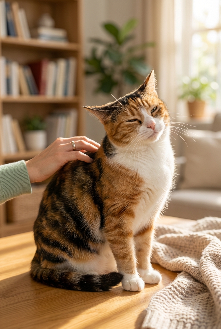 A real photograph of a cat pulling its head slightly back with ears turning sideways while a hand is petting its back