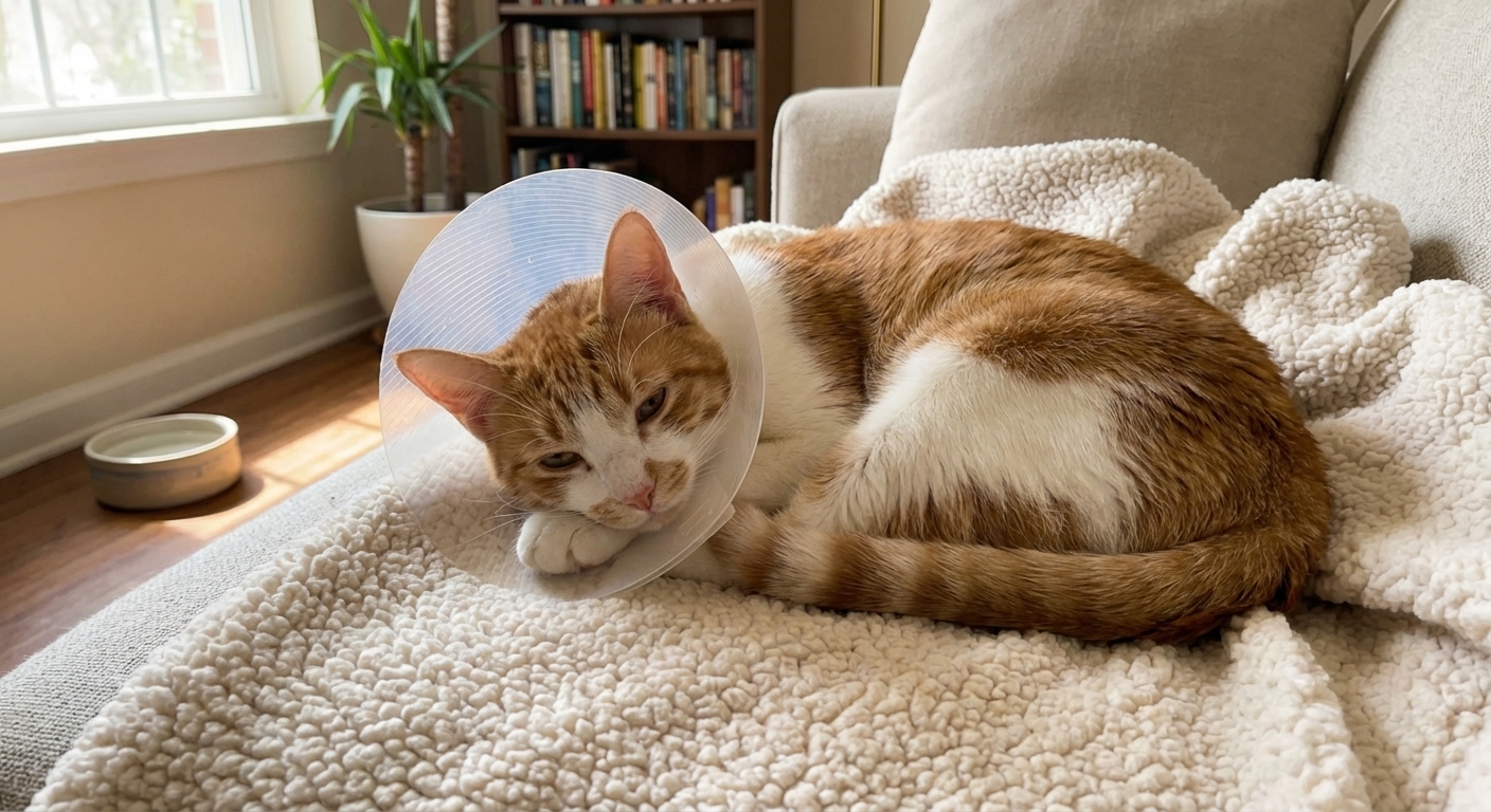 A real photograph of a cat resting comfortably at home on a soft blanket while wearing a recovery cone