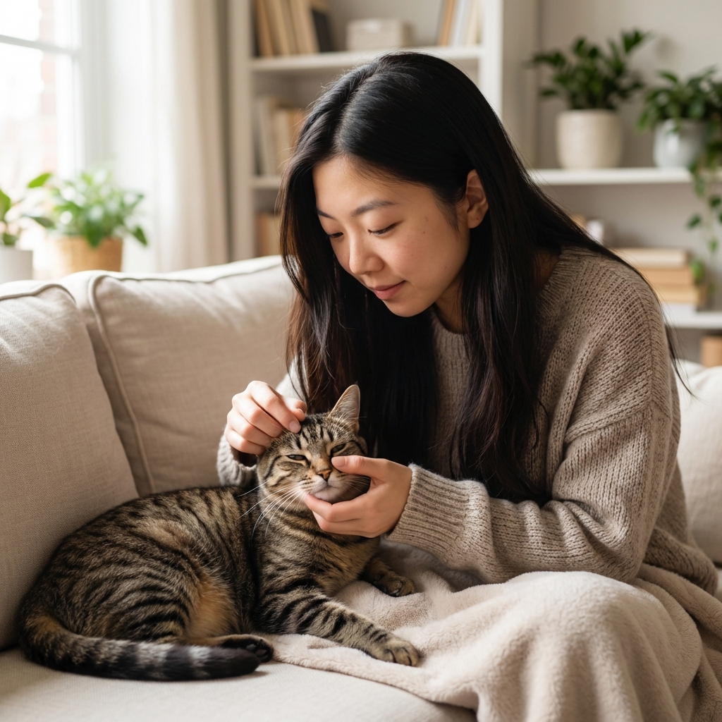 A real photograph of a cat resting on a couch while a person gently checks the cat’s face in soft indoor light