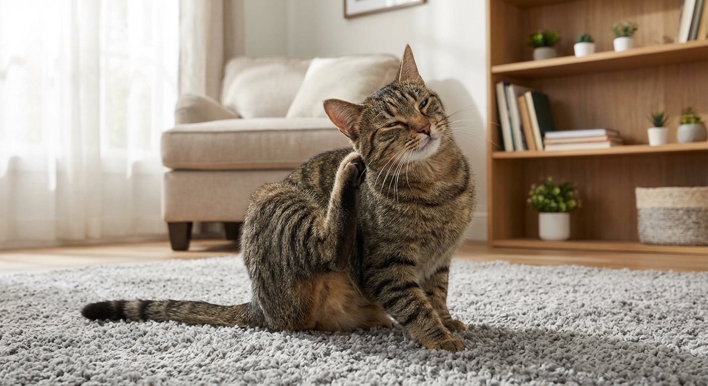 A real photograph of a cat scratching its ear with a hind leg in a living room setting