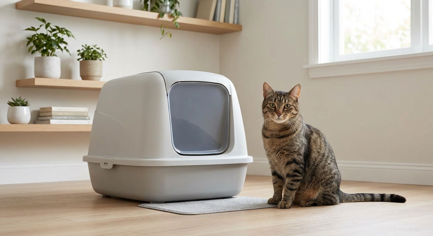 A real photograph of a cat sitting beside a clean litter box in a quiet home room