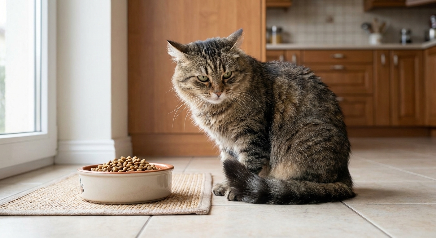 A real photograph of a cat sitting near a food bowl, looking hesitant and not eating