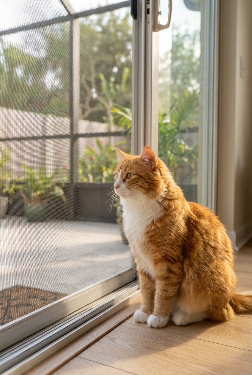 A real photograph of a cat sitting near a sliding glass door with a screened patio visible in the background