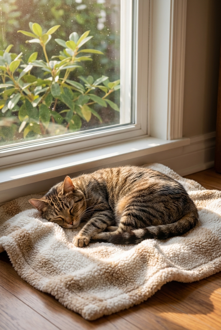 A real photograph of a cat sleeping on a washable pet blanket near a sunny window