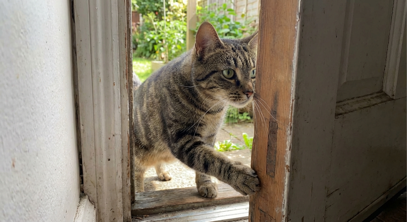 A real photograph of a cat stepping carefully through a narrow doorway, whiskers extended forward
