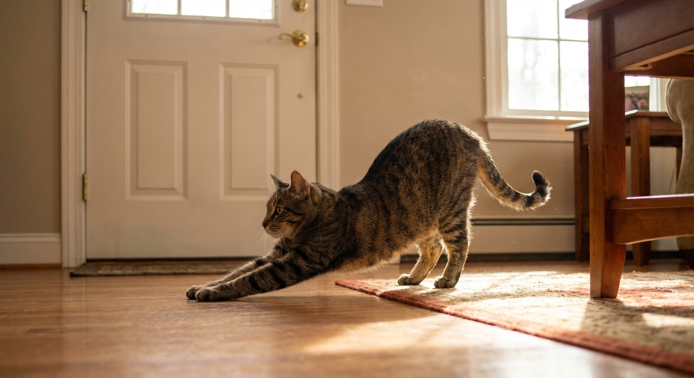 A real photograph of a cat stretching on a living room floor near a closed door