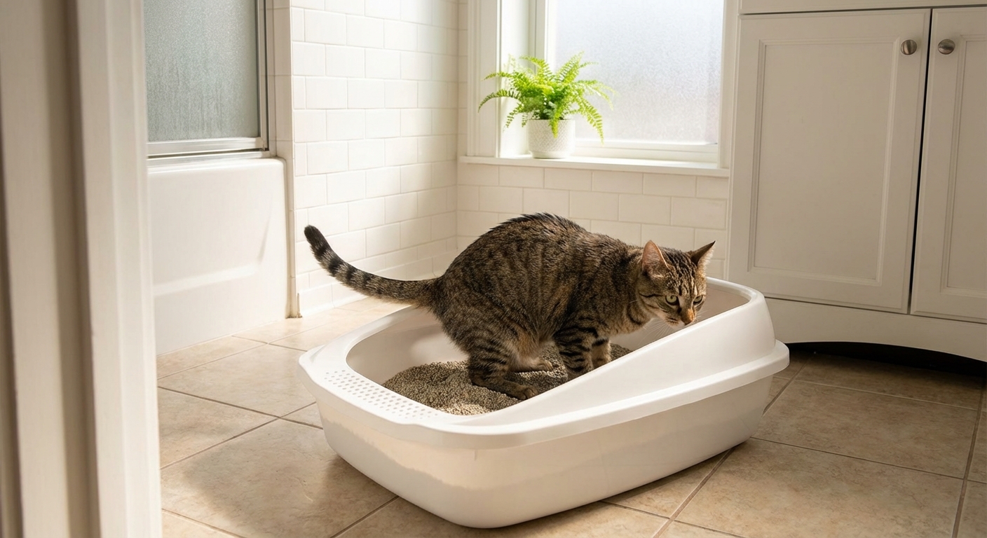 A real photograph of a cat using a clean litter box in a bright bathroom