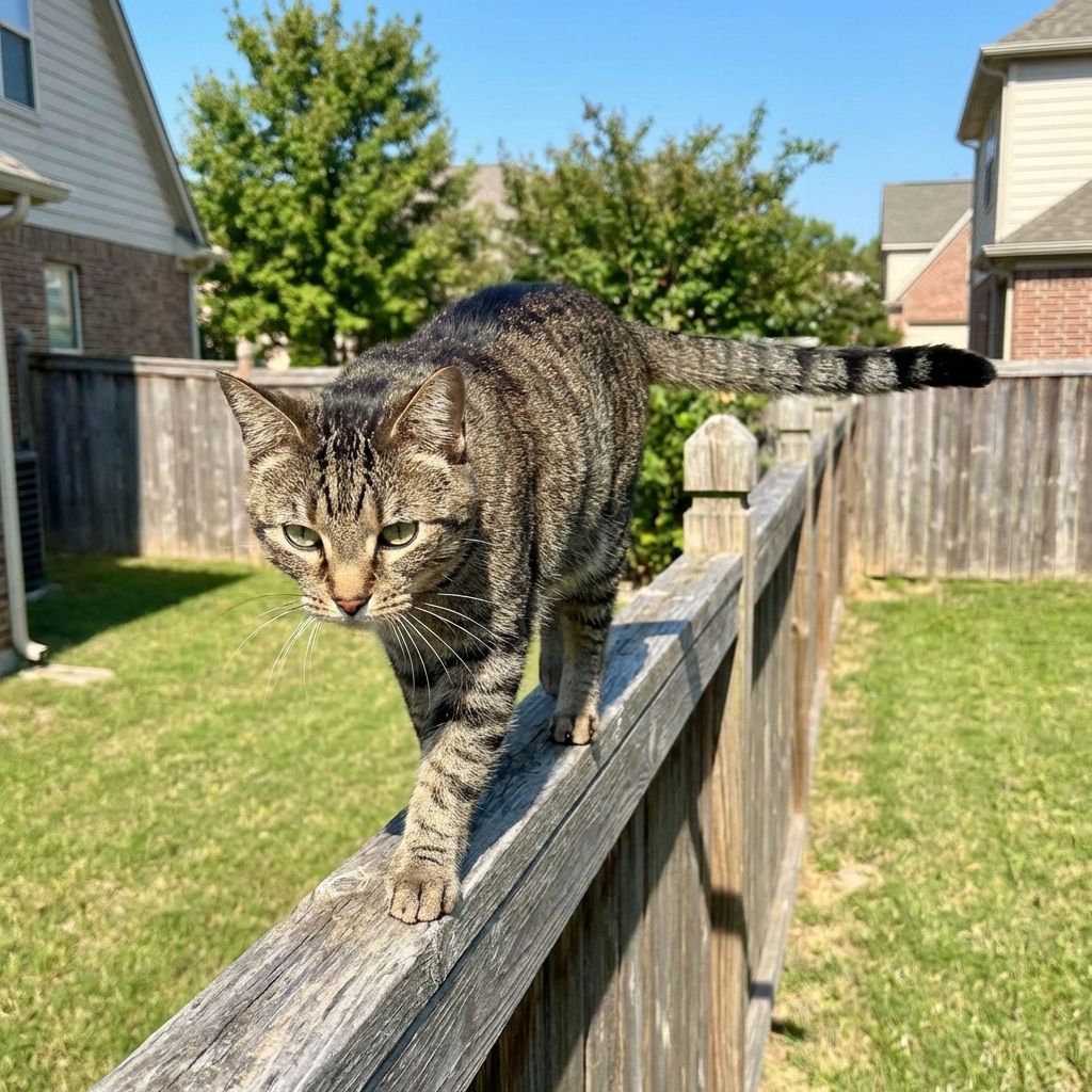 A real photograph of a cat walking along the top of a fence with its tail held out for balance