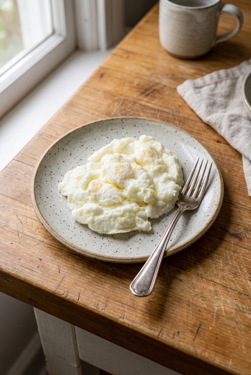 A real photograph of a ceramic plate with cooked egg whites and a fork on a wooden kitchen counter