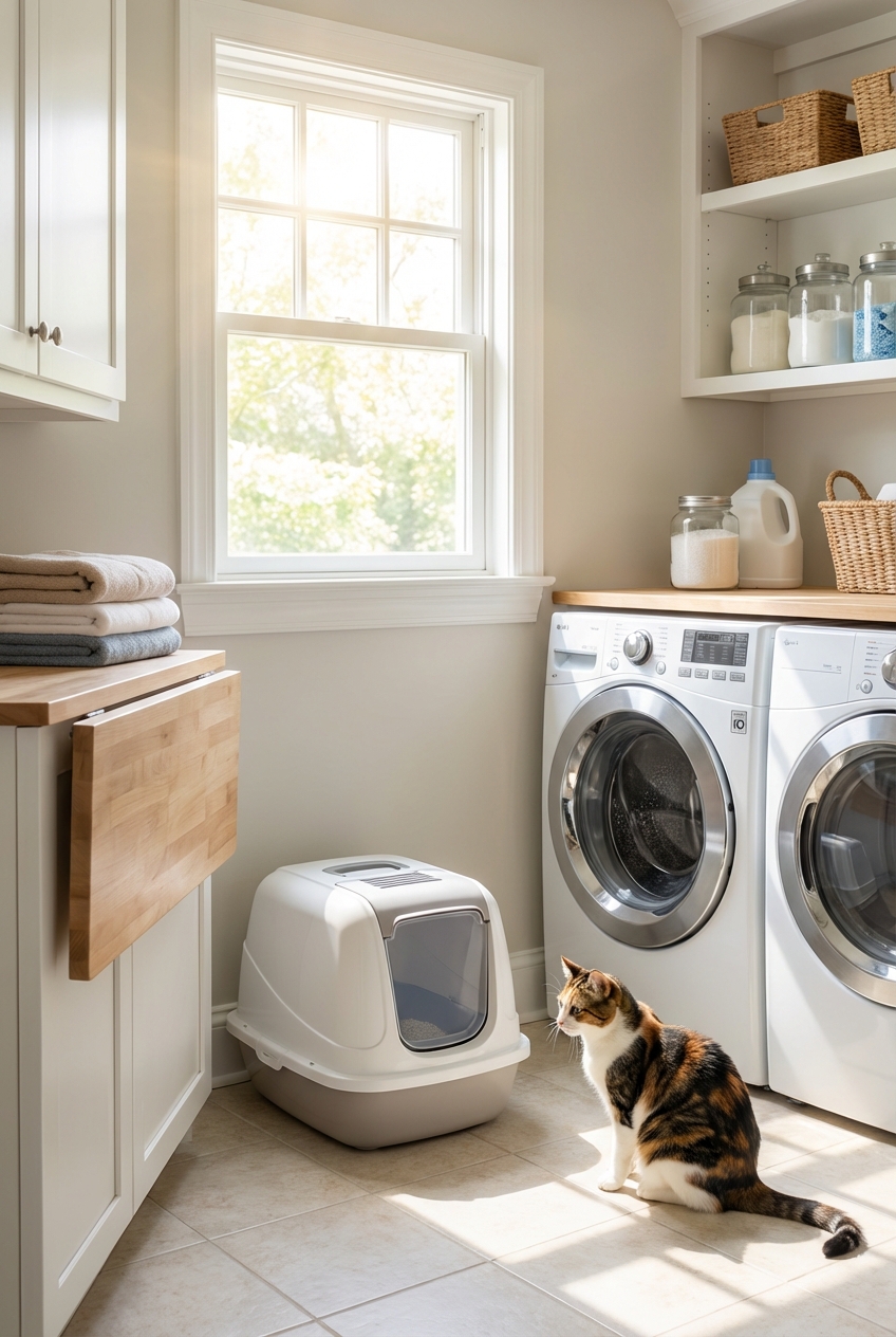 A real photograph of a clean litter box in a bright laundry room with a cat nearby looking toward it