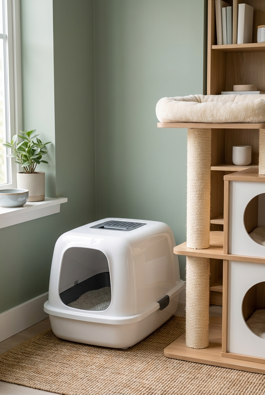 A real photograph of a clean litter box setup in a quiet corner with a cat tree nearby