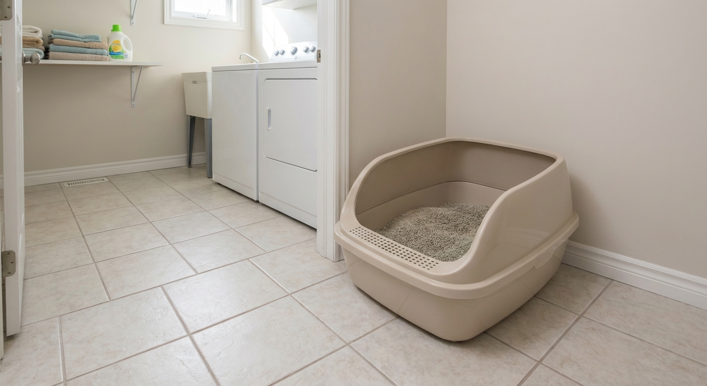 A real photograph of a clean open litter box on a tiled floor in a quiet laundry room