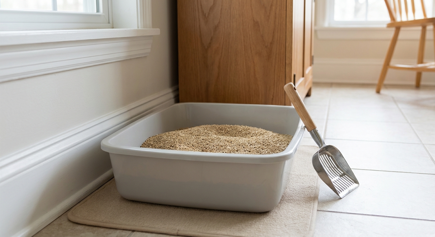 A real photograph of a clean uncovered litter box in a quiet corner of a home with a scoop nearby