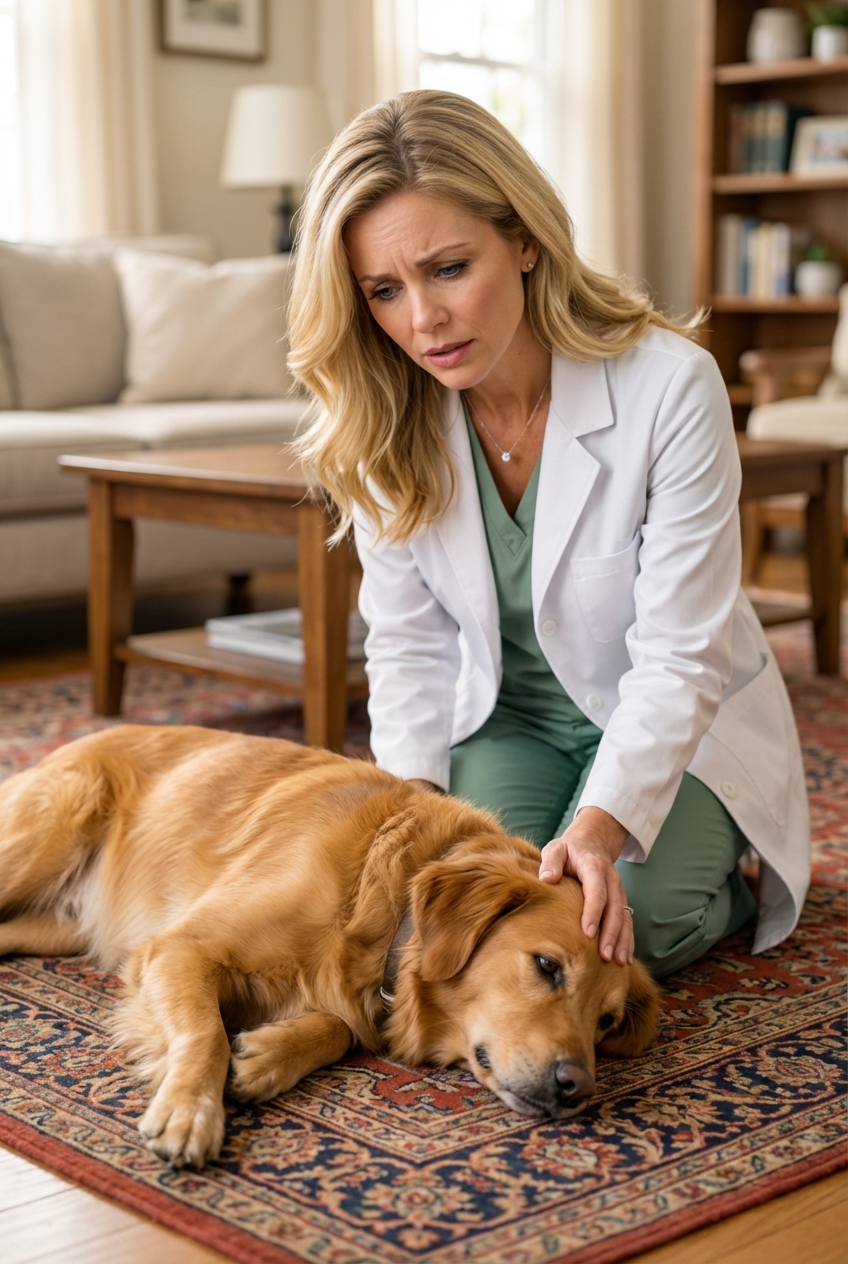 A real photograph of a concerned adult kneeling beside a dog lying on a living room rug