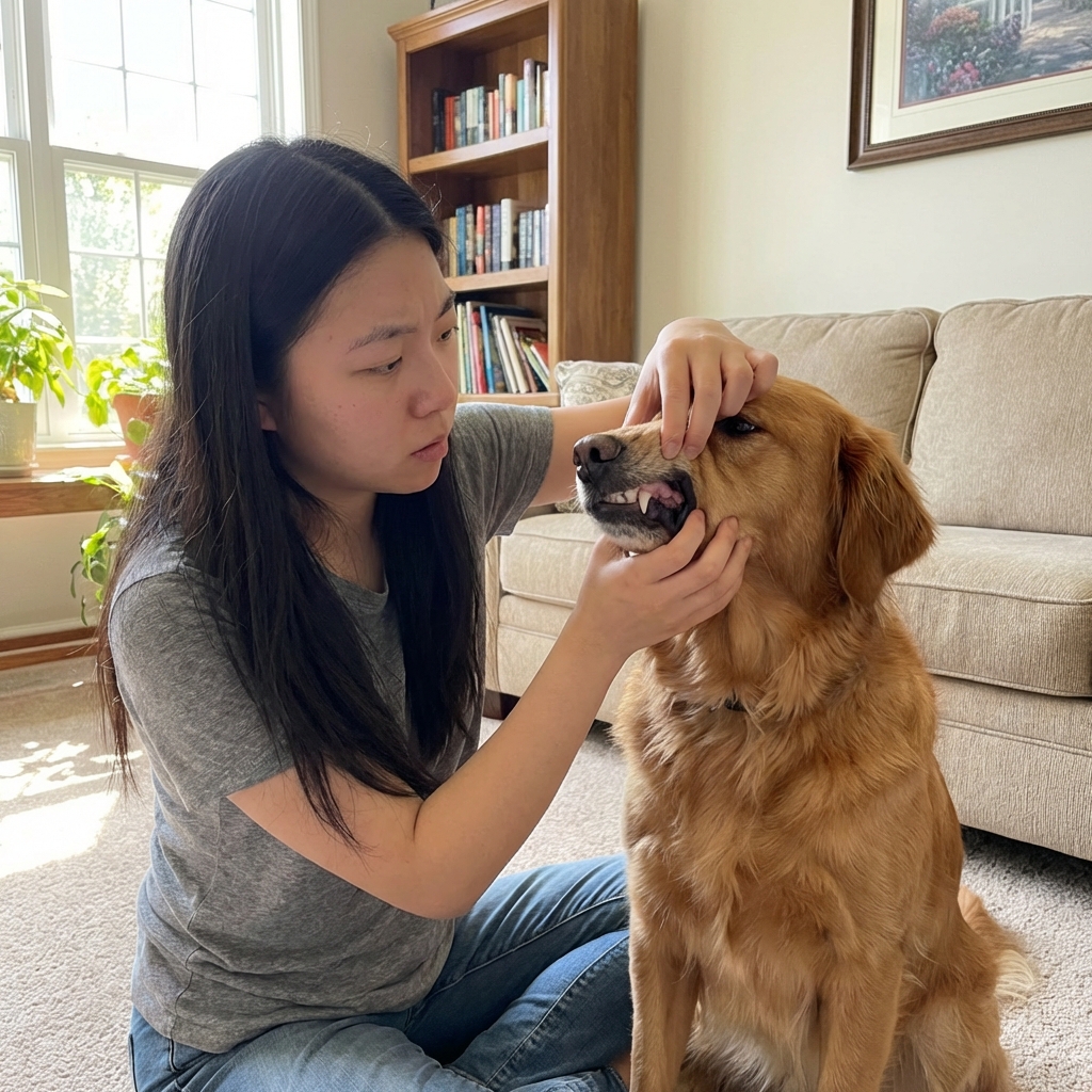 A real photograph of a concerned pet owner gently checking a dog's gums in a well-lit living room