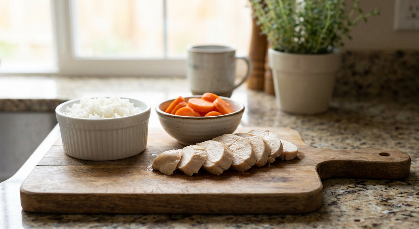 A real photograph of a cutting board with cooked skinless chicken breast, a bowl of plain white rice, and a small bowl of steamed carrots in a home kitchen
