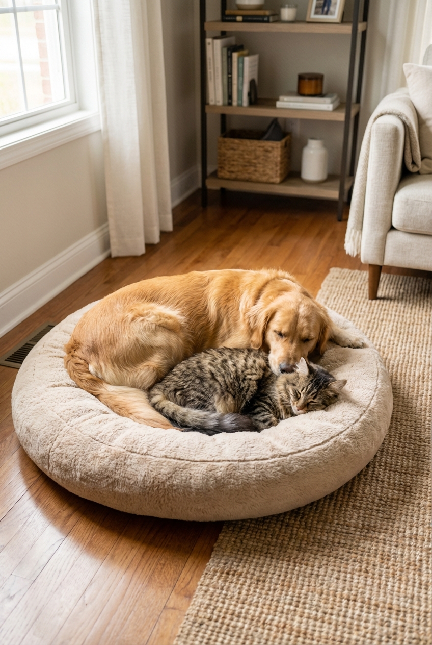 A real photograph of a dog and a cat resting together on the same pet bed indoors