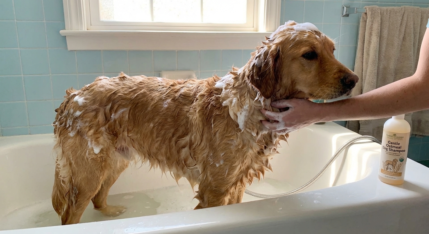 A real photograph of a dog being bathed in a tub with gentle shampoo lather on its coat