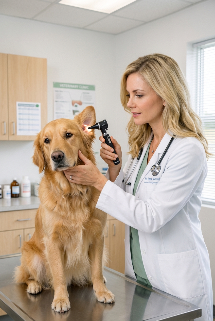 A real photograph of a dog being examined in a veterinary clinic with an otoscope near the ear