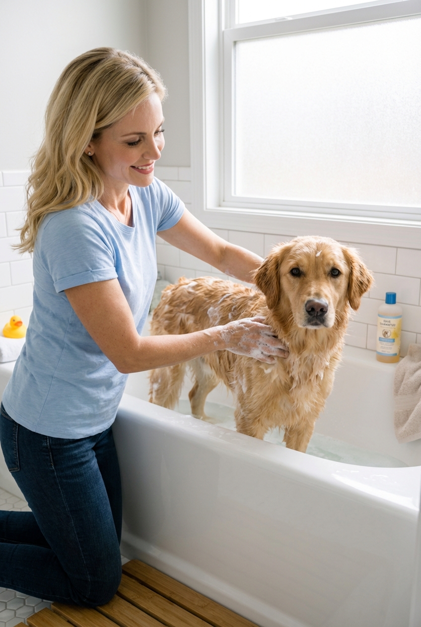 A real photograph of a dog being gently bathed in a home bathtub with mild soap suds and a calm expression