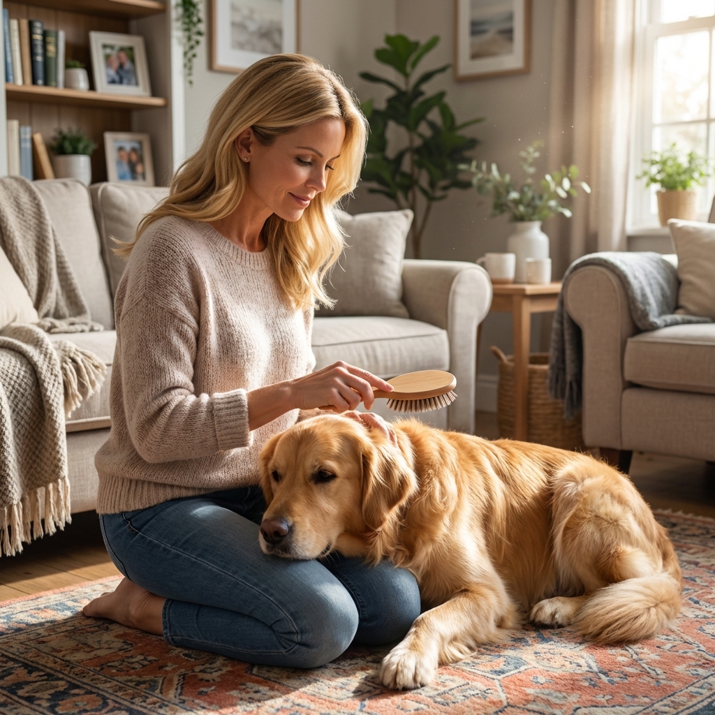 A real photograph of a dog being gently brushed by a person in a home setting
