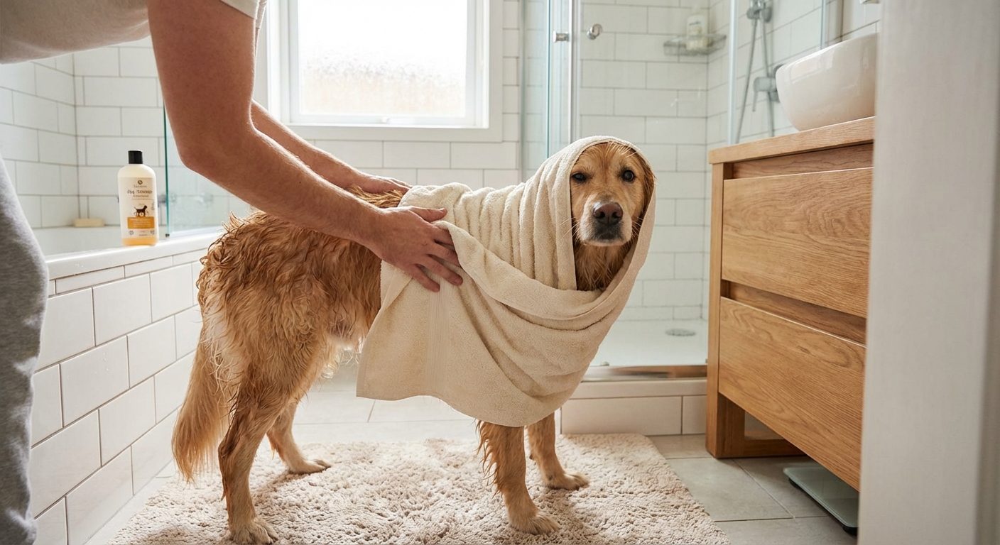 A real photograph of a dog being gently towel-dried after a bath in a bathroom