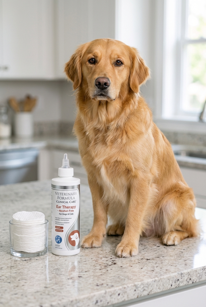 A real photograph of a dog ear cleaner bottle and cotton rounds on a countertop next to a calm medium-sized dog