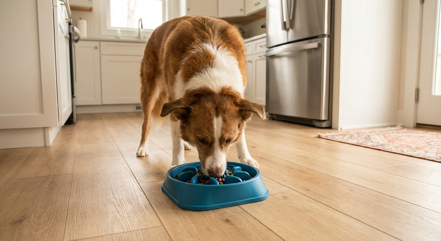 A real photograph of a dog eating from a slow feeder bowl on a clean kitchen floor