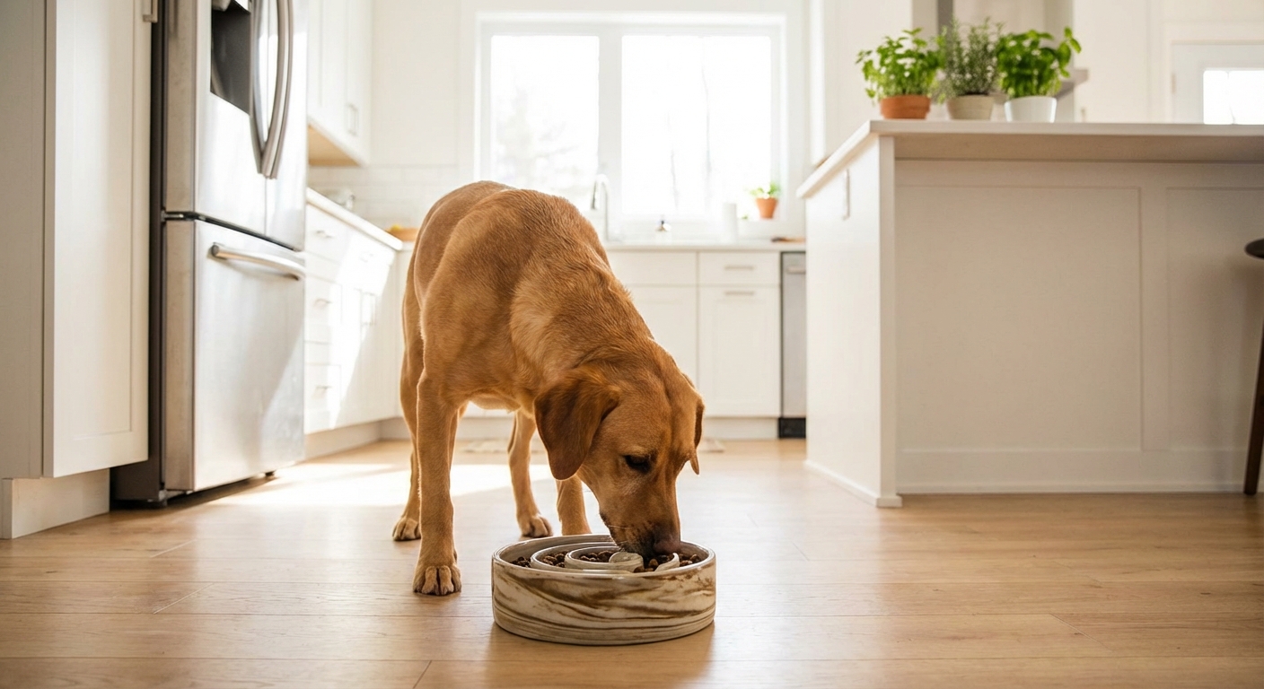 A real photograph of a dog eating from a slow feeder bowl in a bright kitchen