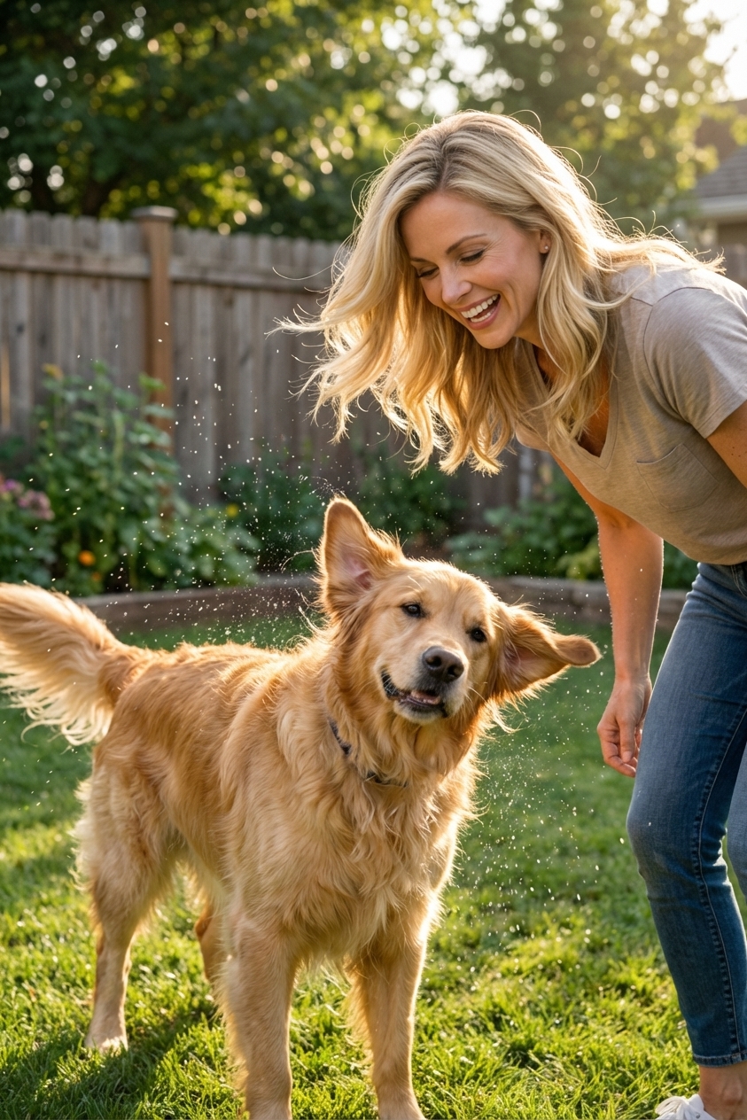 A real photograph of a dog in a backyard captured mid head-shake with ears flaring outward, natural lighting