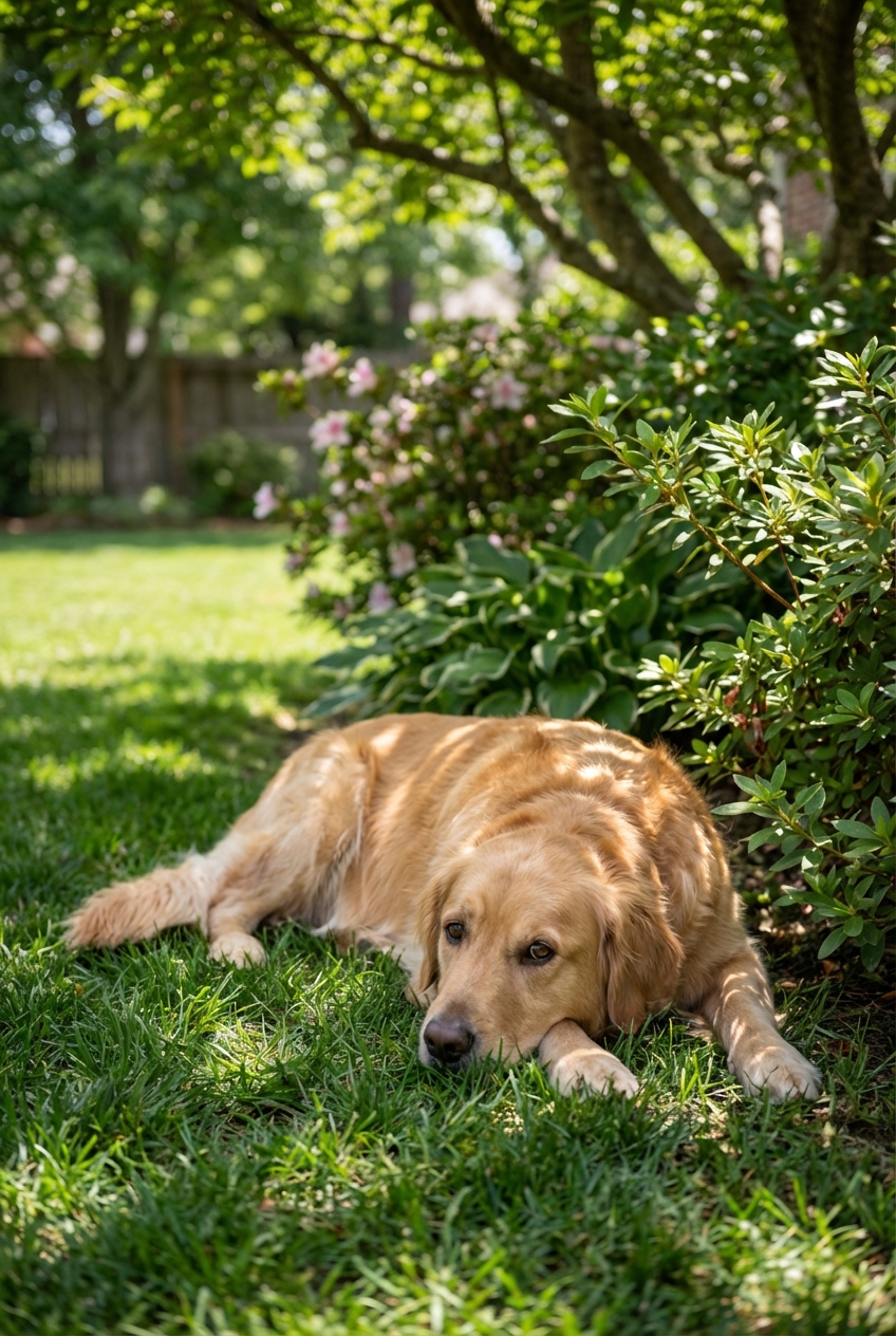 A real photograph of a dog lying in a shaded area of a backyard near shrubs
