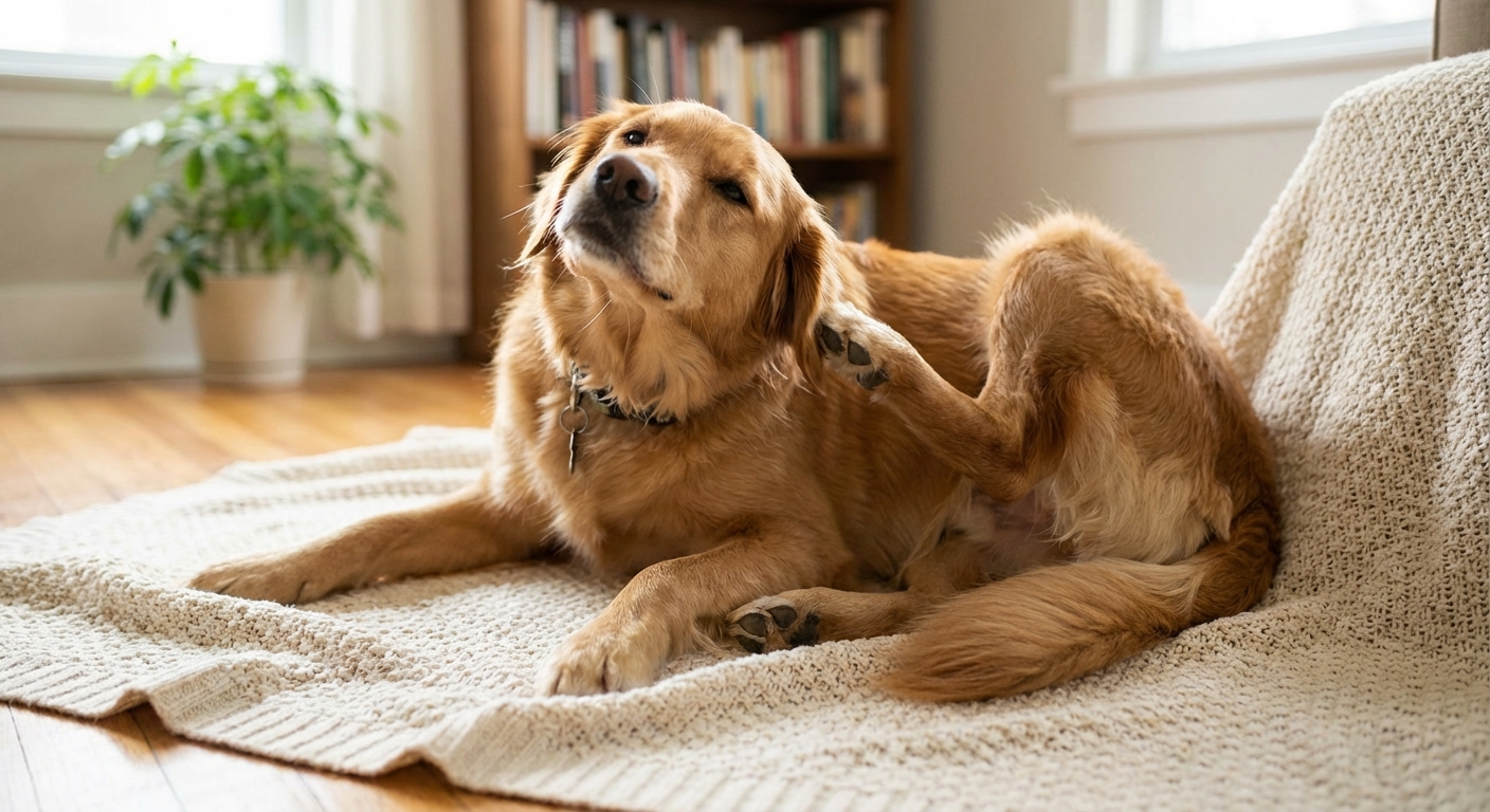 A real photograph of a dog lying on a blanket while scratching its neck with its hind leg