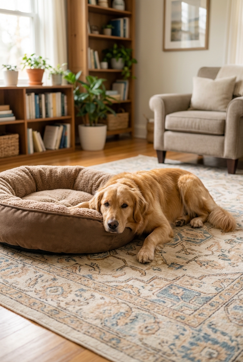 A real photograph of a dog lying on a living room rug next to a plush dog bed