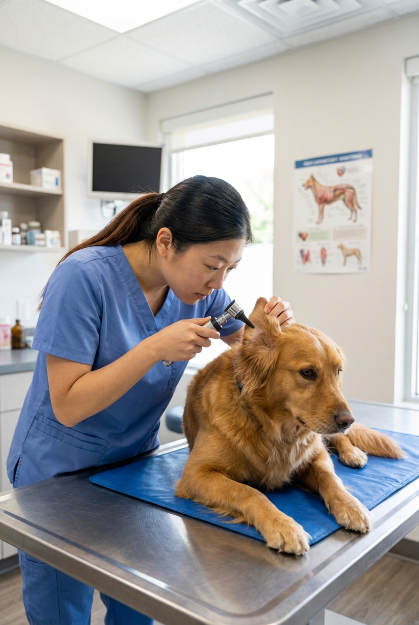 A real photograph of a dog lying on a veterinary exam table while a technician checks the dog’s ear
