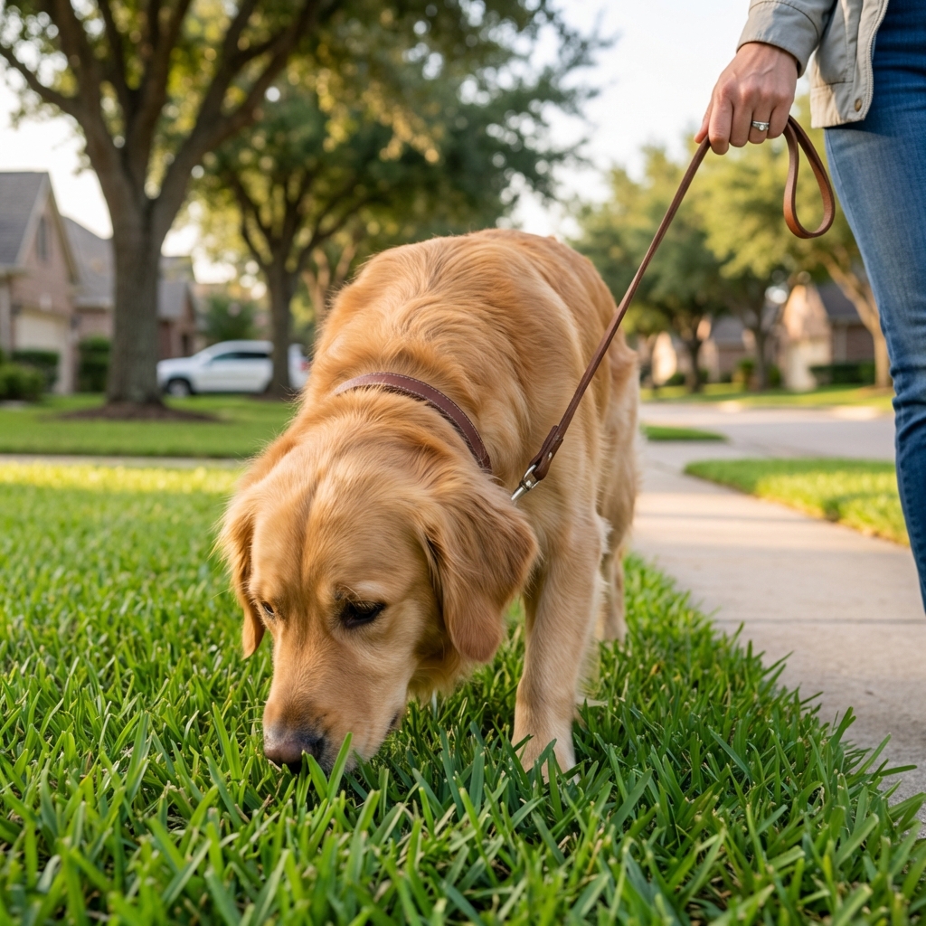 A real photograph of a dog on a leash sniffing grass during a neighborhood walk