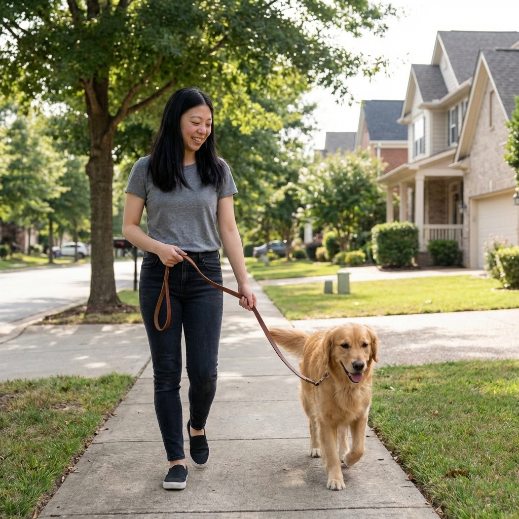A real photograph of a dog on a leash walking beside her owner on a quiet neighborhood sidewalk