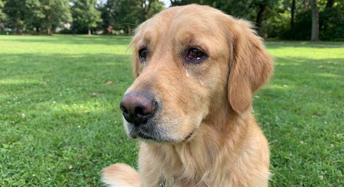 A real photograph of a dog outdoors with watery eyes and mild redness while looking to the side