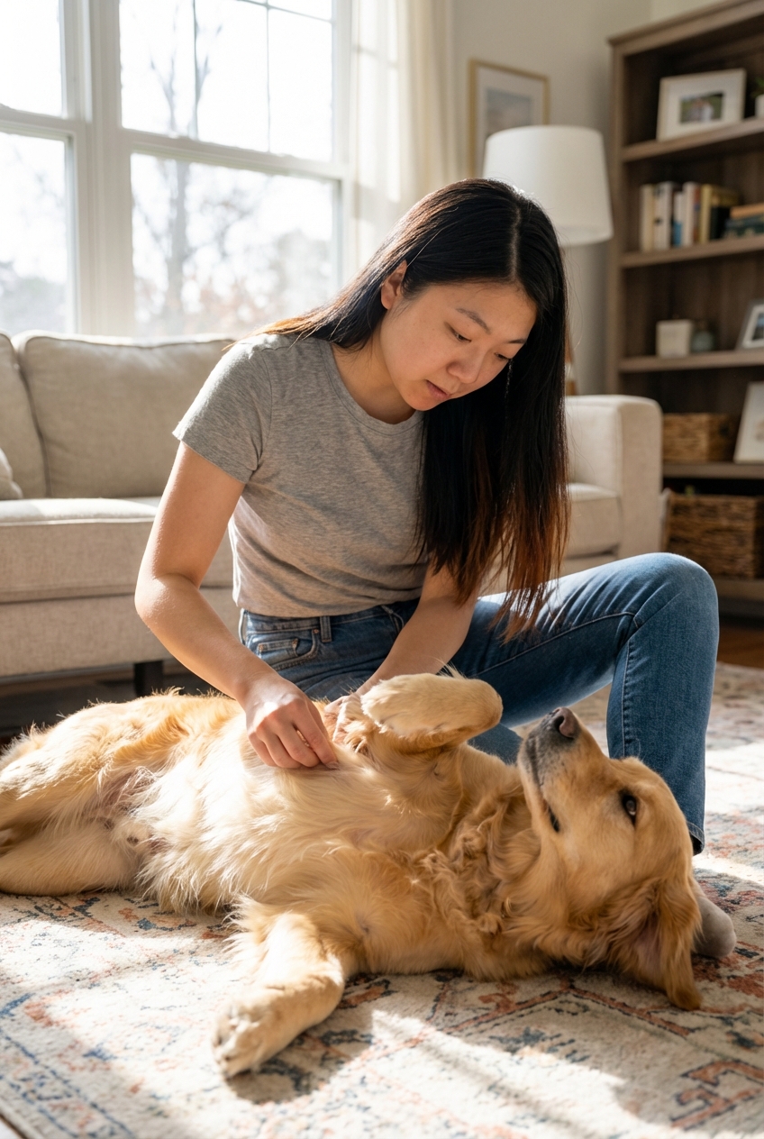 A real photograph of a dog owner gently lifting a dog’s belly fur to check the nipples in a well-lit living room