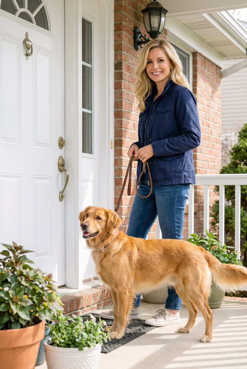 A real photograph of a dog owner holding a leash near the front door while a female dog looks alert and ready to go outside