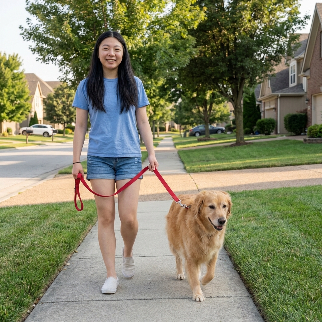 A real photograph of a dog owner holding a leash while walking an unspayed female dog on a quiet neighborhood sidewalk