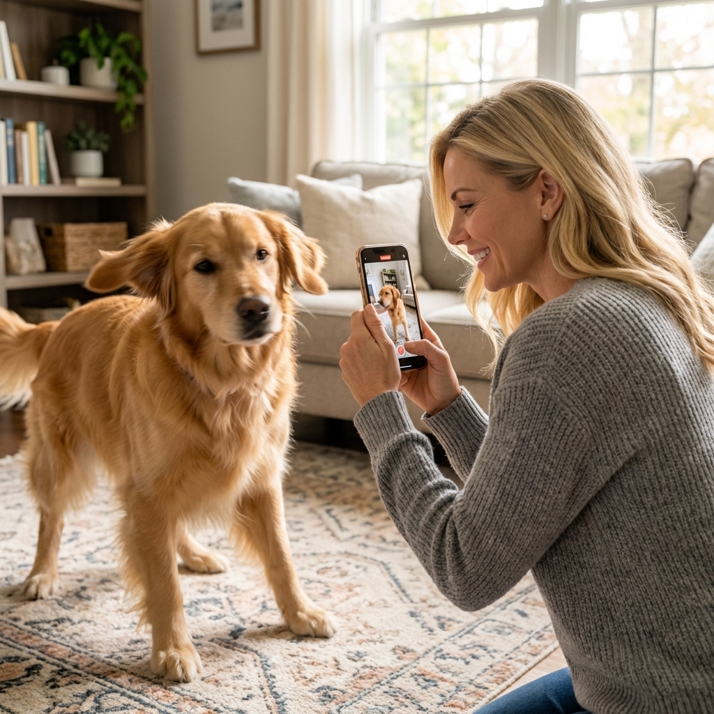 A real photograph of a dog owner holding a smartphone at chest height while filming a medium-sized dog on a rug, capturing the dog's head movement in a calm home setting
