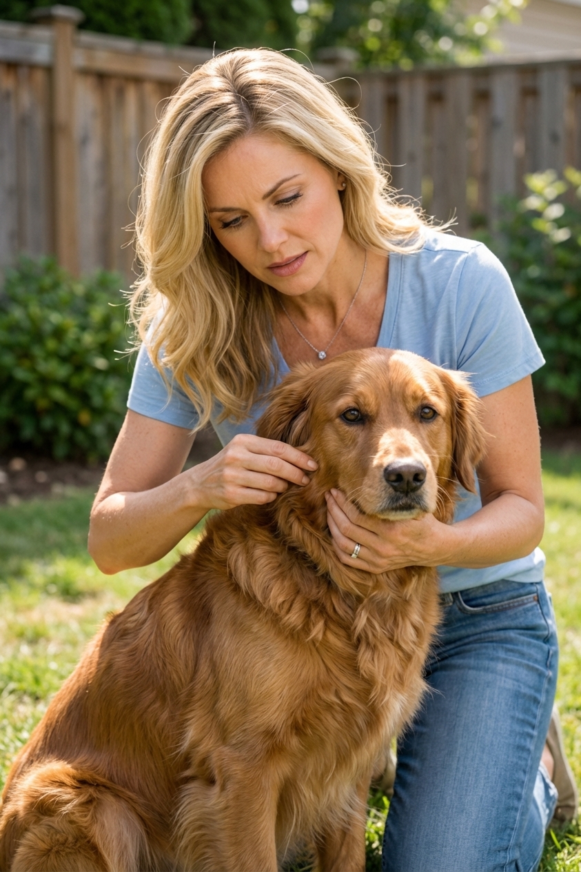 A real photograph of a dog owner in a backyard gently parting a medium-sized dog’s fur to check the skin for ticks in natural daylight