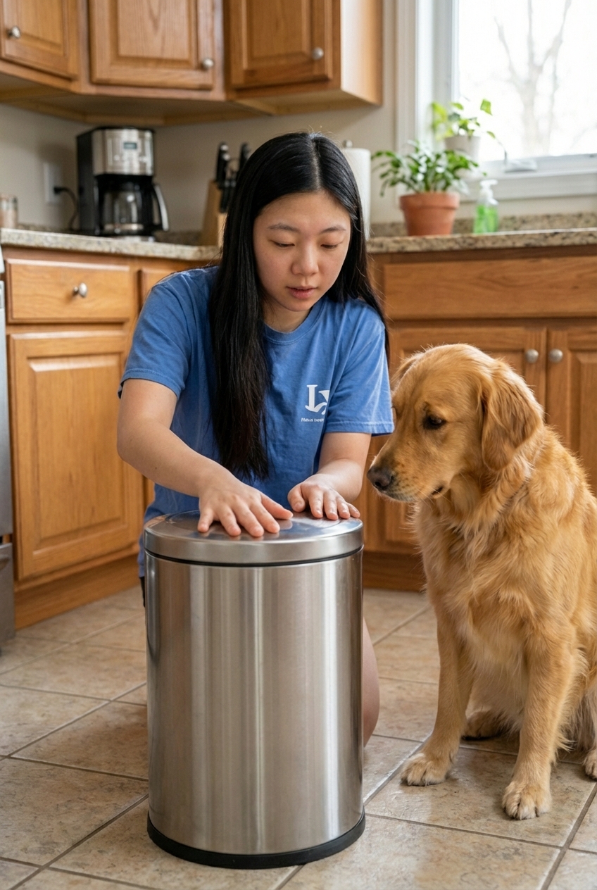 A real photograph of a dog owner securing a kitchen trash can with a tight lid while a curious dog watches